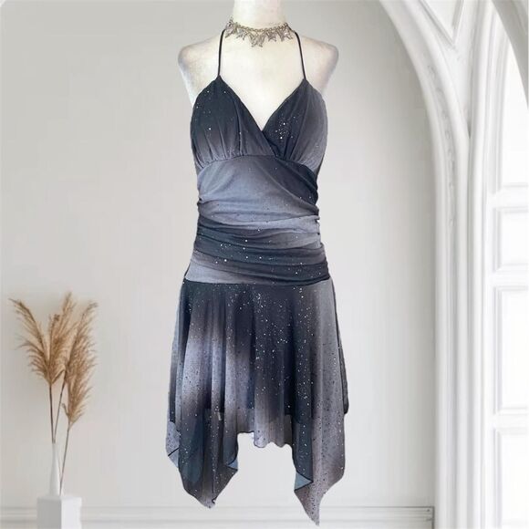 GRACE Silver Black Sequin Glitter Witchy Vampy Asymmetric Gothic Dress L - Picture 1 of 8